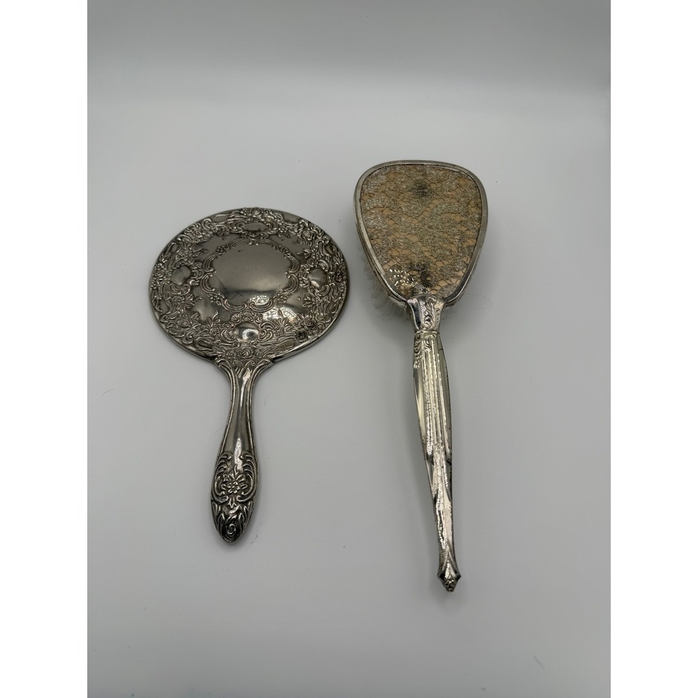 Vintage Silver Tone Repousse Hand Mirror and Brush Vanity Set Floral Lace Detail